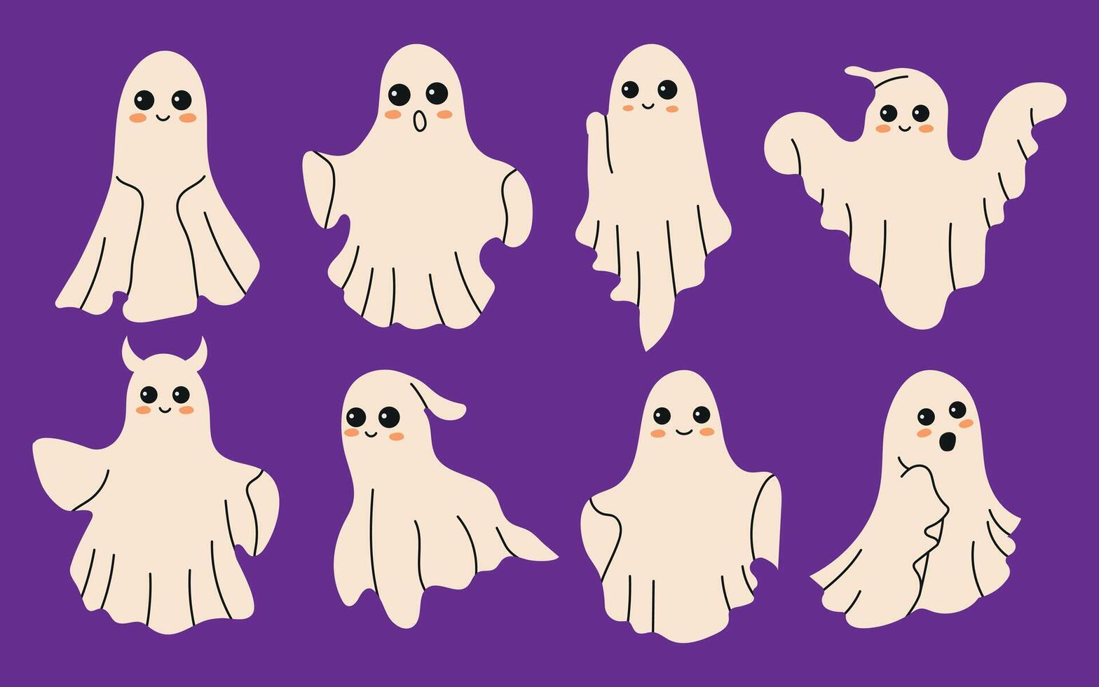 Cute ghosts icons on purple background, Halloween design set, Kawaii ghost collection. vector