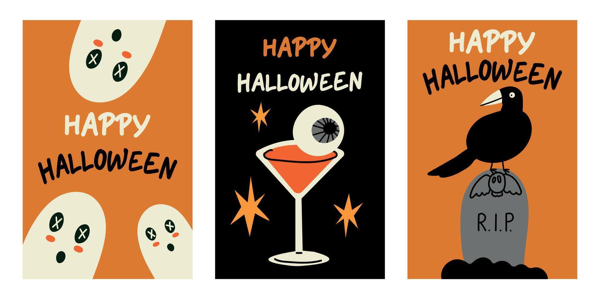 Set of Halloween posters. Flat style. Funny characters. Cute poster set for postcard,banner, flyer. vector