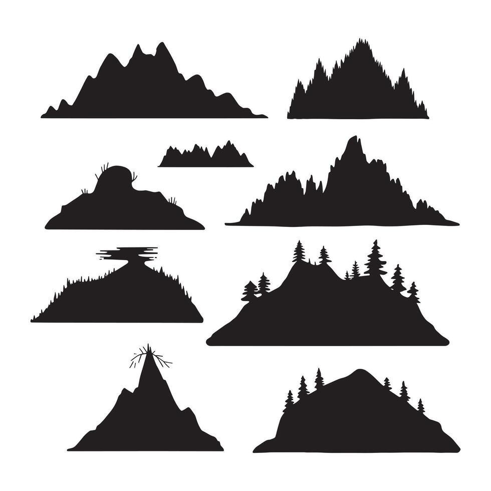 a collection of mountains with trees Silhouette Art vector