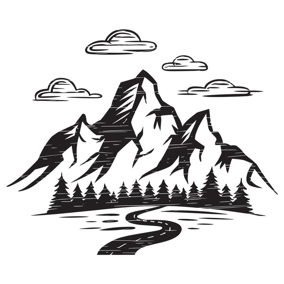 a black and white drawing of a mountain and a river with a river vector
