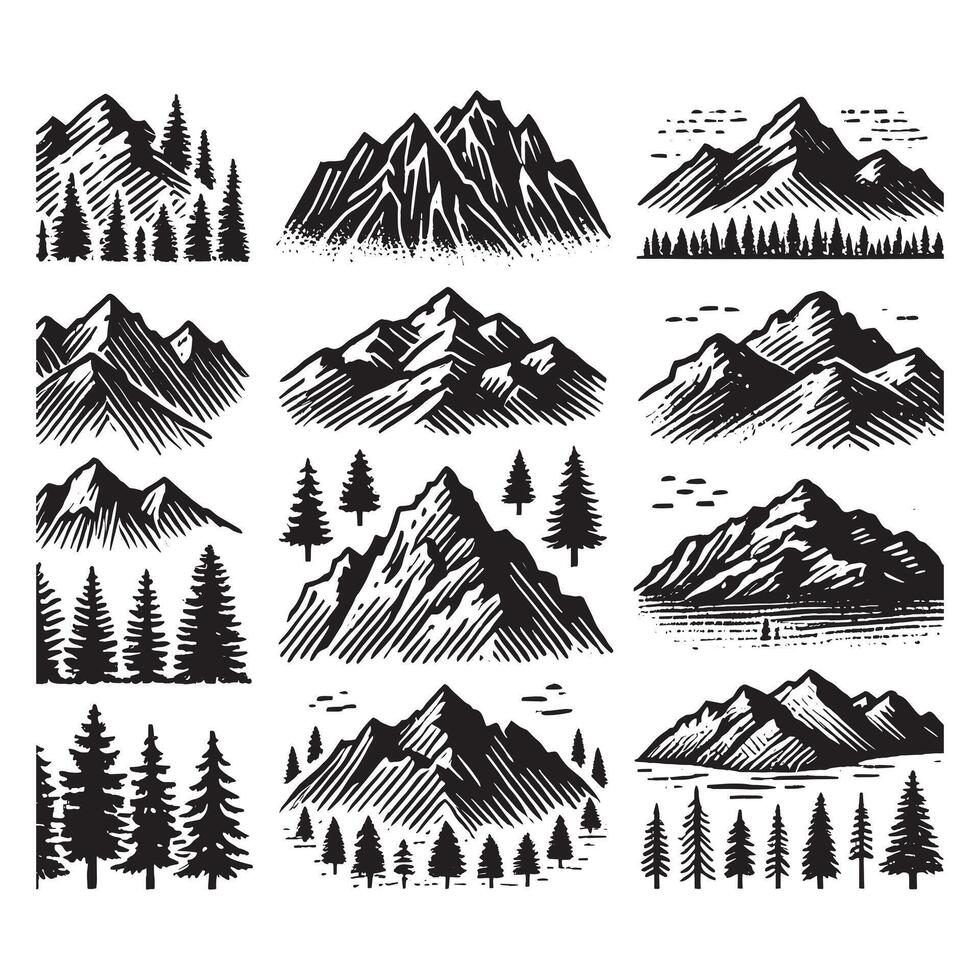 a collection of mountains with trees birds vector
