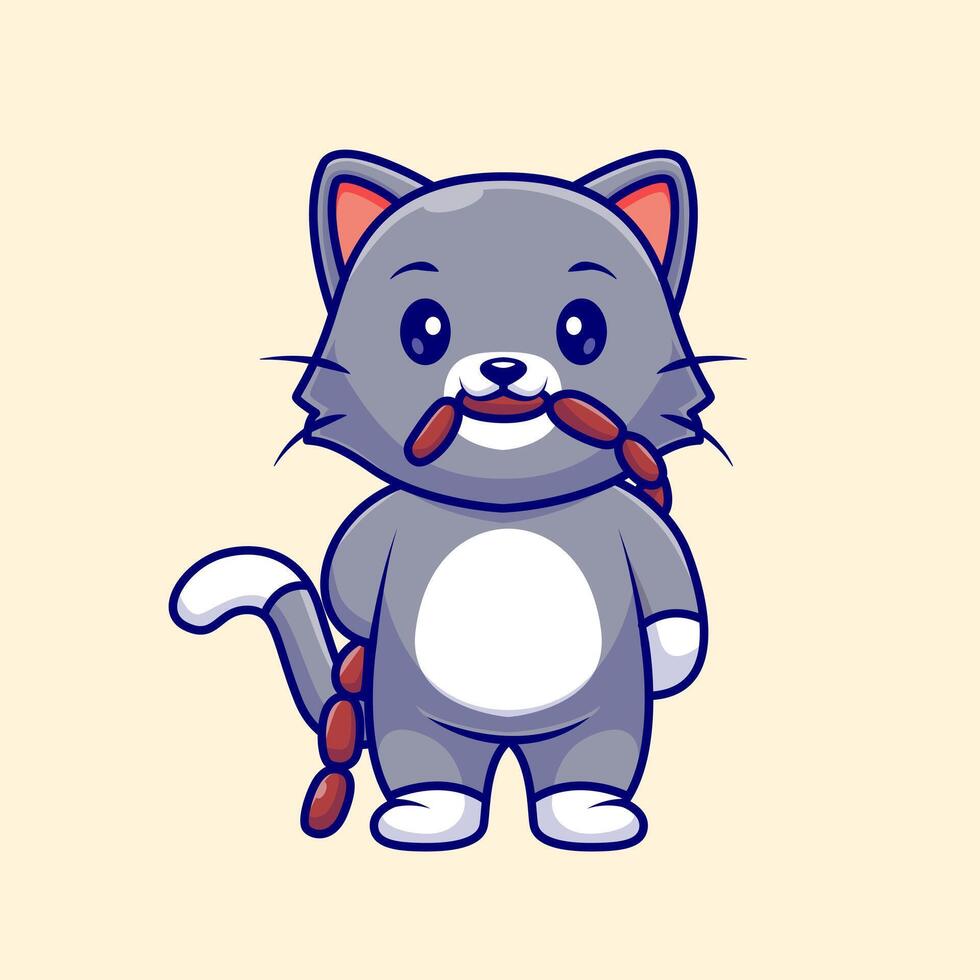 Cute Cat Eating Sausage Cartoon vector