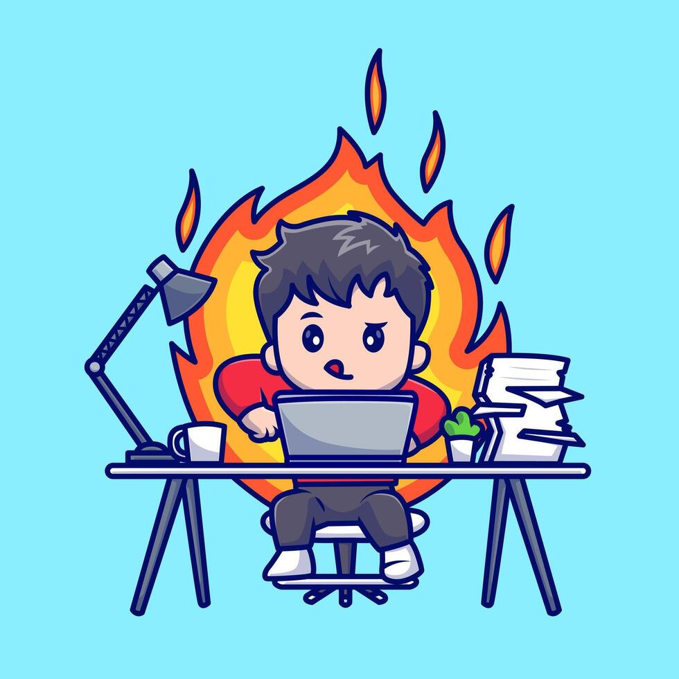 Cute Man Working On Laptop with Fire Cartoon vector