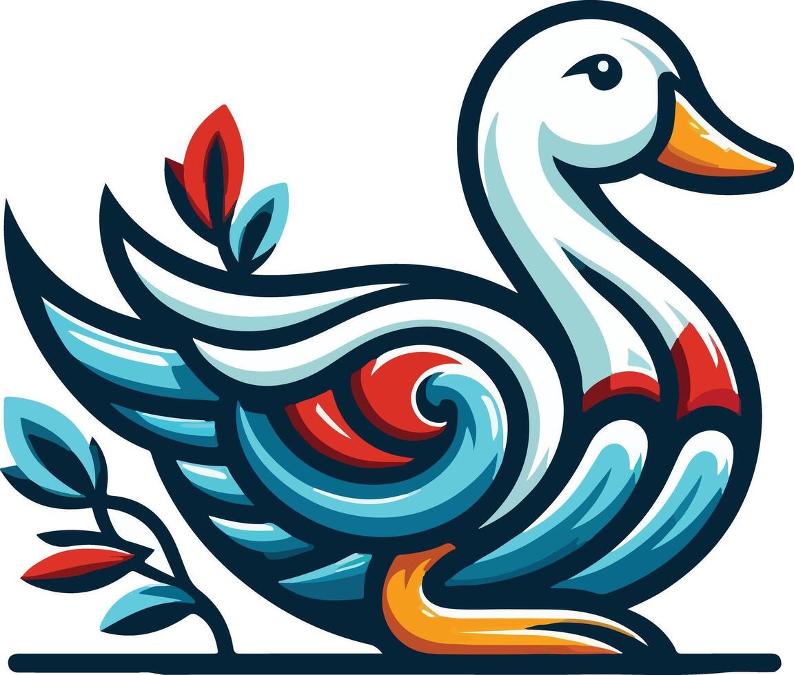 Cartoon illustration of a white duck with a yellow beak brown and white feathers and orange feet vector