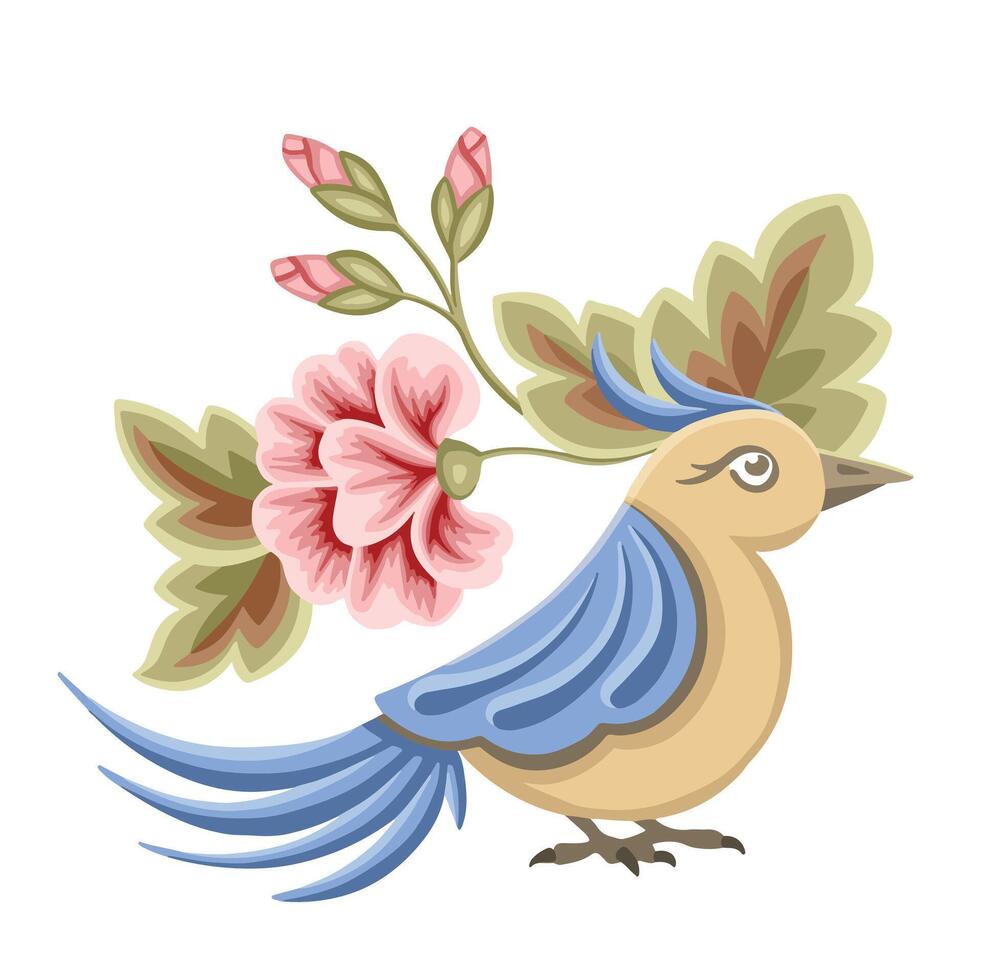 blue bird with a crest and pink flowers, hand drawn vector