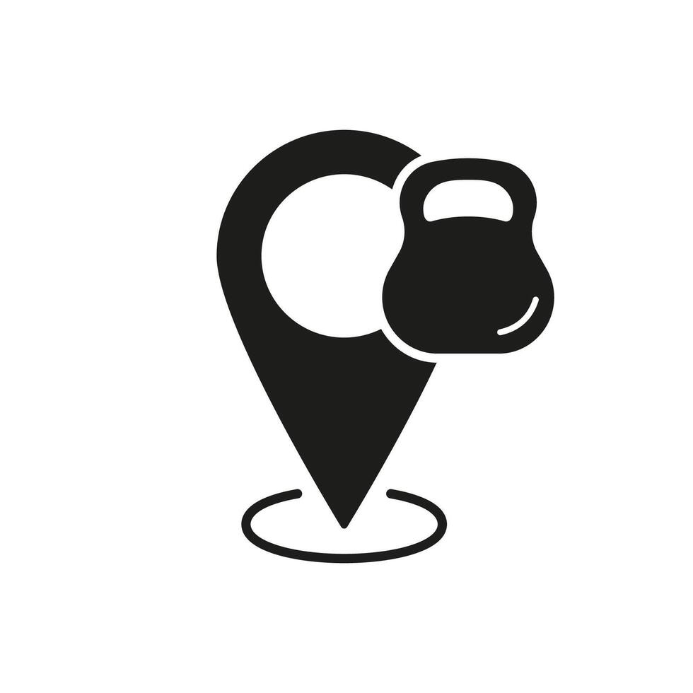 Fitness and Exercise Location, Kettlebell and Map Pin Silhouette Icon. Gym or Fitness Center for Workouts and Physical Activity Glyph Pictogram. Isolated Illustration vector