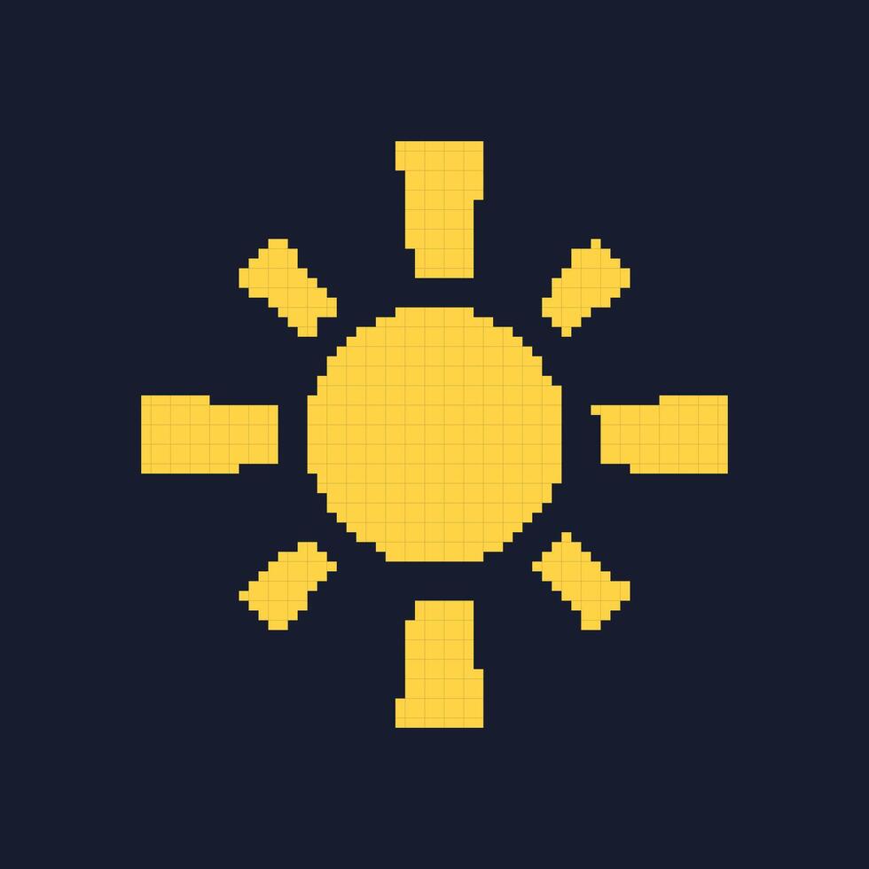 Sun Pixel Art Icon. Retro Game Yellow Sun Isolated on Dark Background. Vintage Game Symbol. Isolated Illustration vector