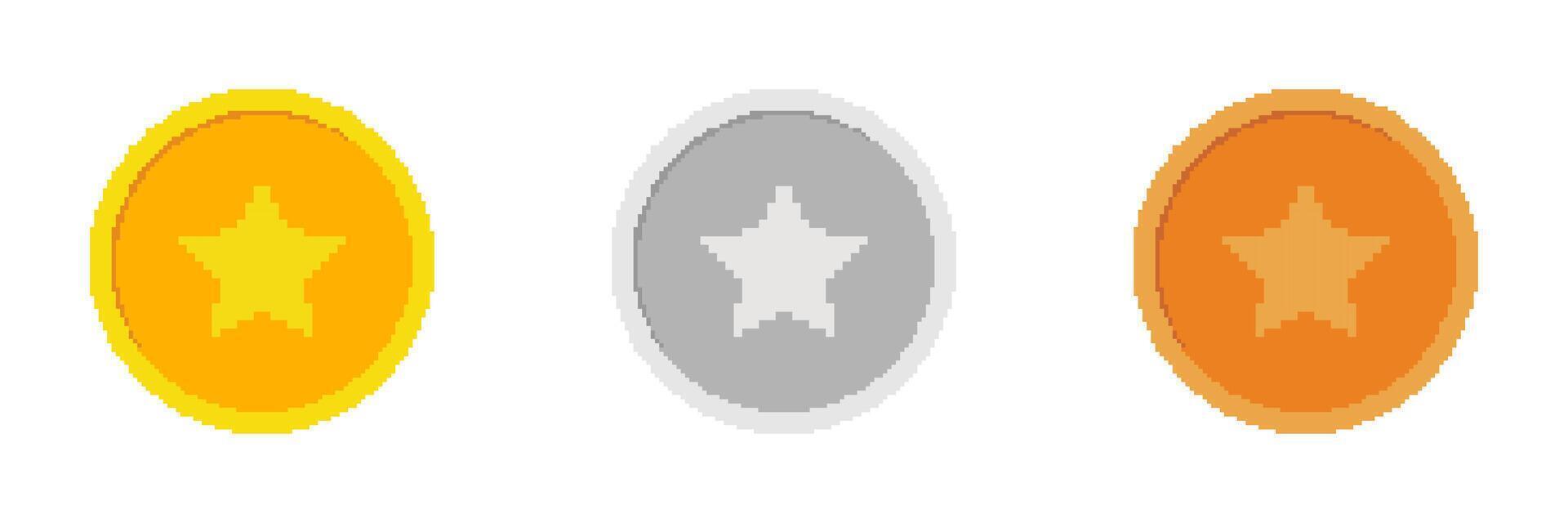 Pixel Art Silver, Gold and Bronze Coin Icon with Star Set. Retro Gaming Currency. Isolated Illustration vector