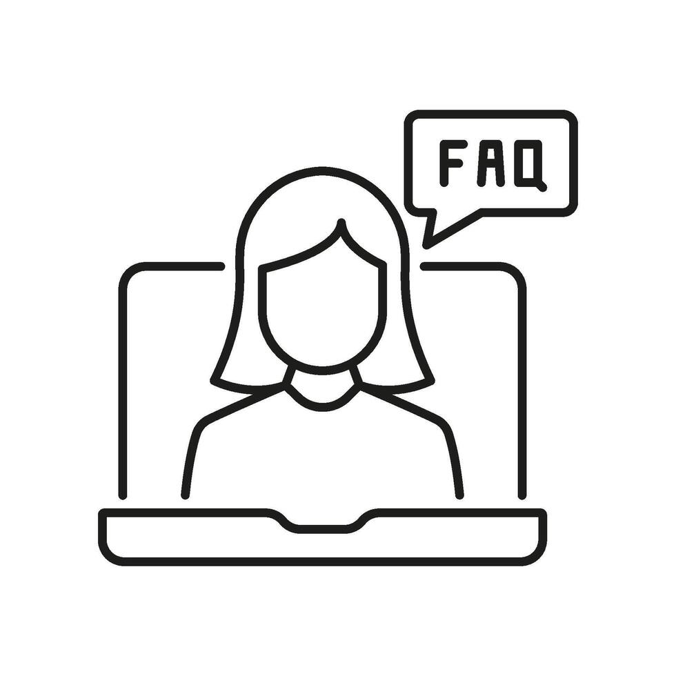 Woman on Call Line Icon with FAQ Bubble for Online Support and Communication. Virtual Customer Support Services Outline Symbol. Editable Stroke. Isolated Illustration vector