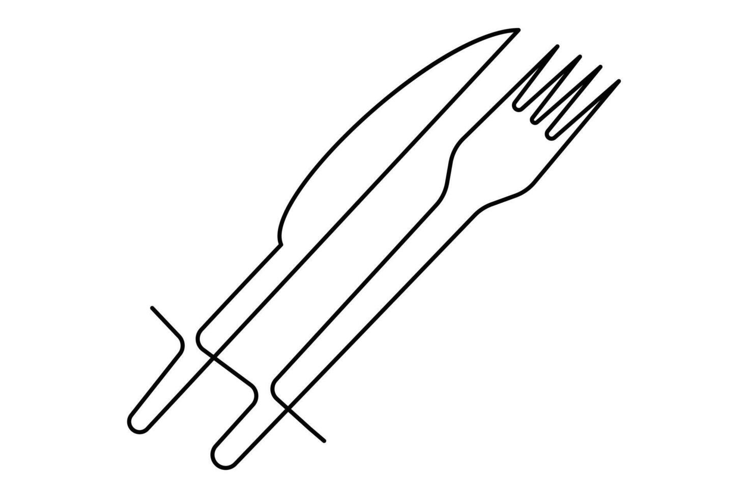 Modern minimalist knife and fork drawing in continuous line outline art illustration vector