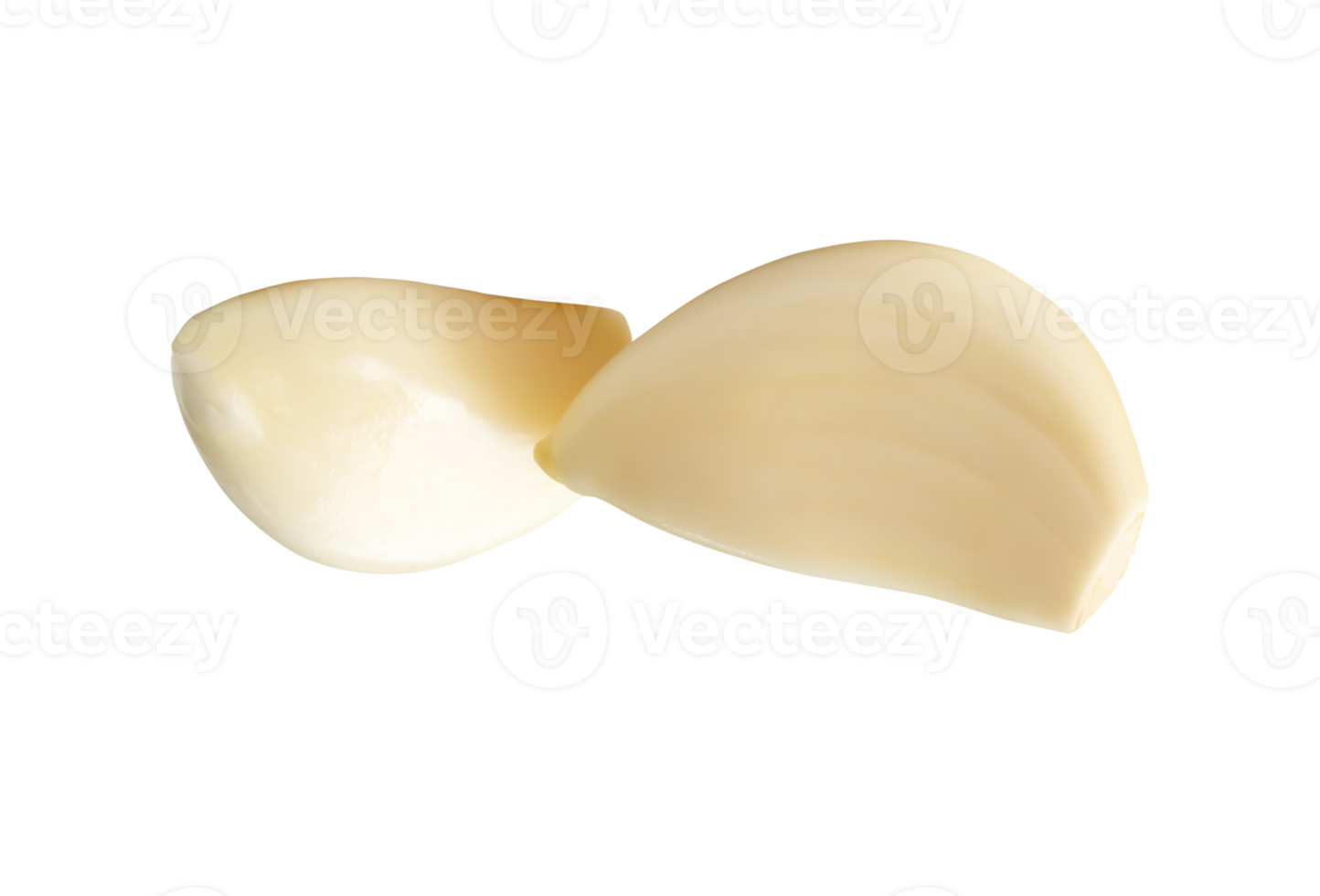 Side view of white peeled garlic clove in stack isolated with clipping path in file format png