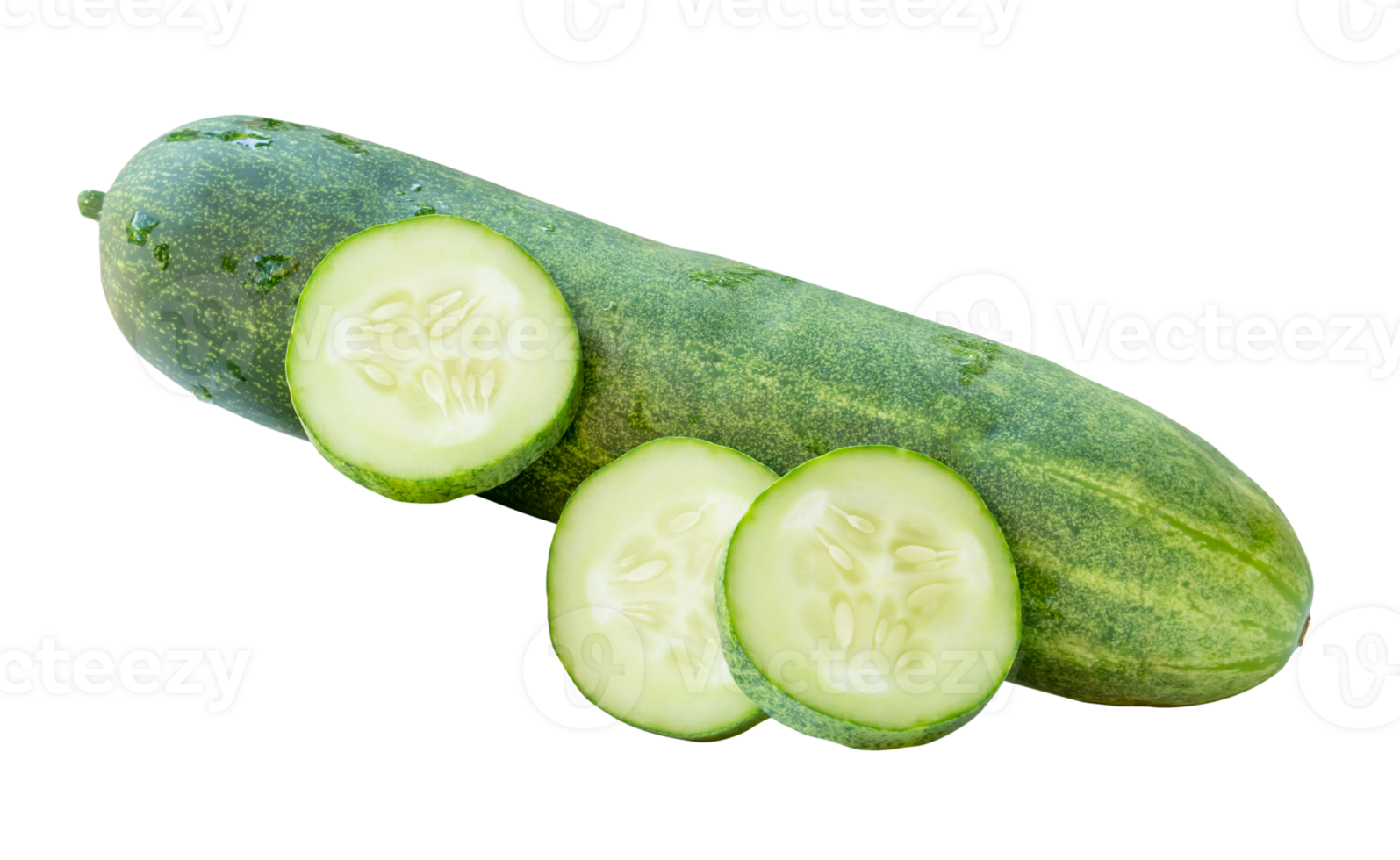 Side view of fresh green cucumber with slices in circle shape in stack isolated in file format png