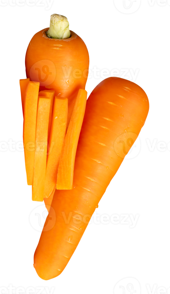 Side view of orange carrot roots with slices in stick shape in stack isolated with clipping path in file format png