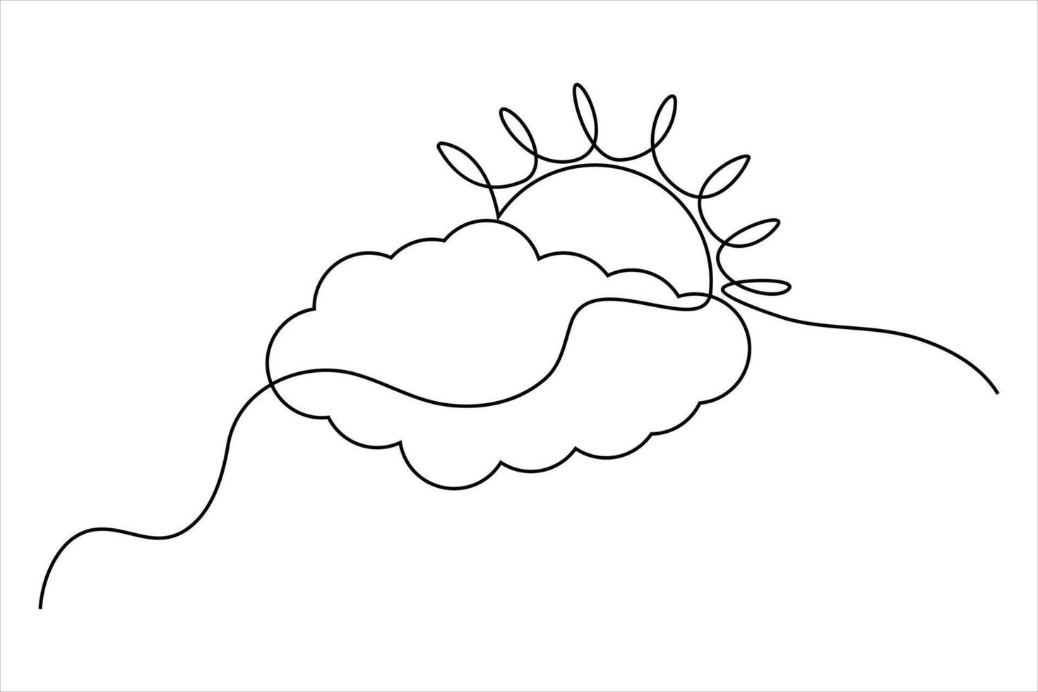 Minimal sun and cloud design in continuous line art for graphics vector