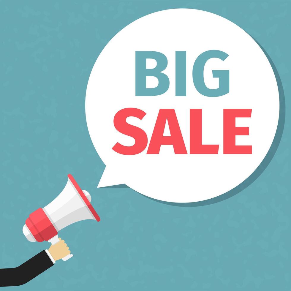 hand holding megaphone with big sale text in speech bubble vector