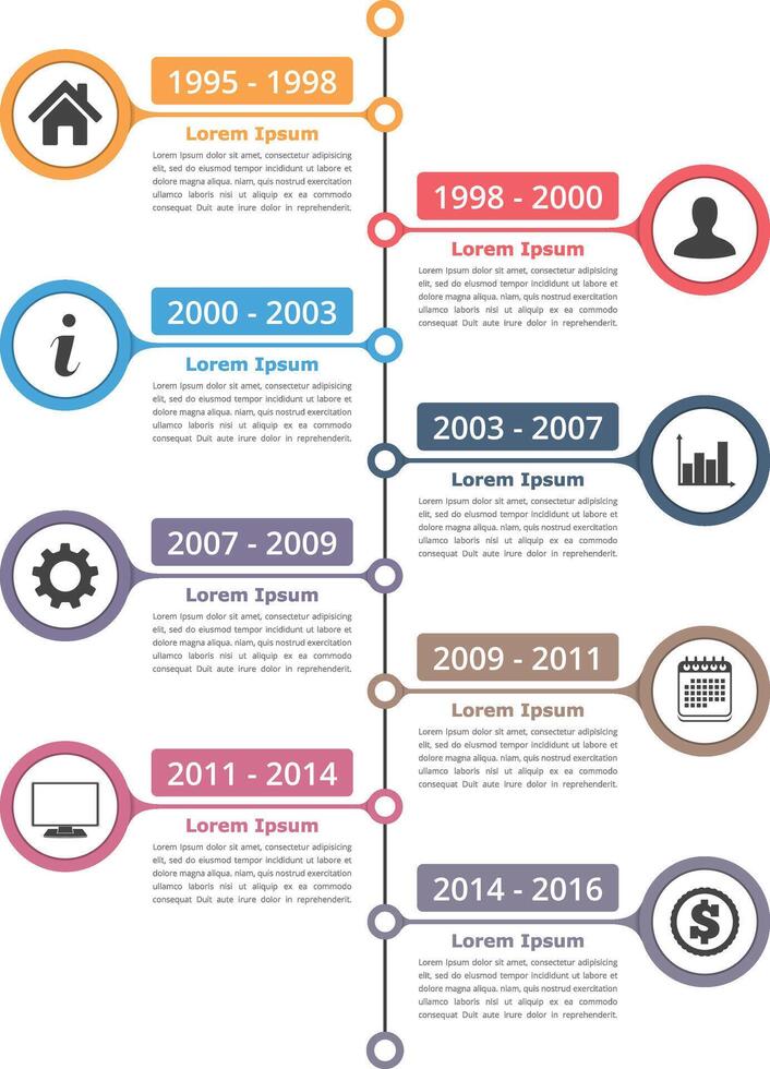 Vertical timeline infographics template with place for icons, dates and text vector
