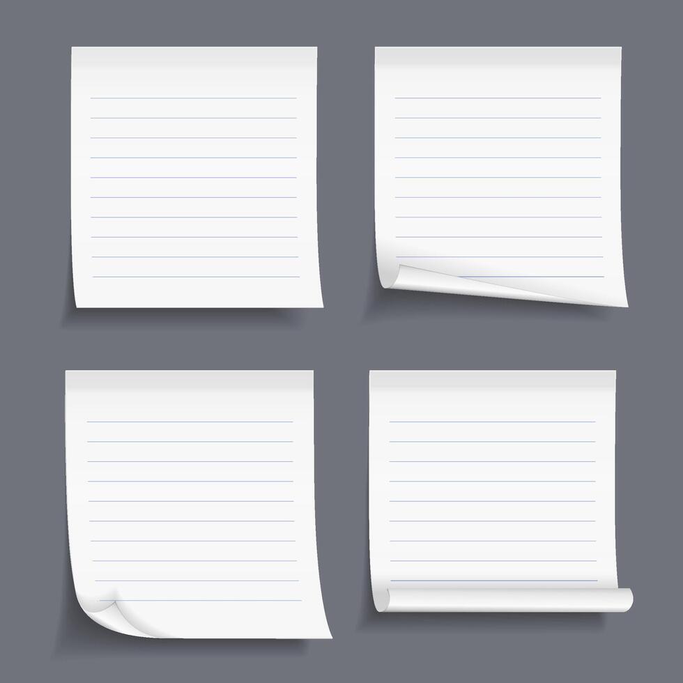 Lined sticky notes set, blank lined paper, lined paper with curl vector