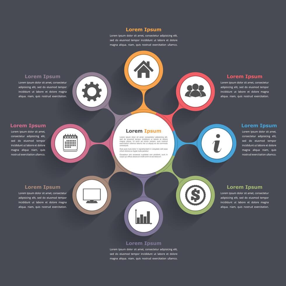 Circle diagram infographics with eight elements with icons and text vector