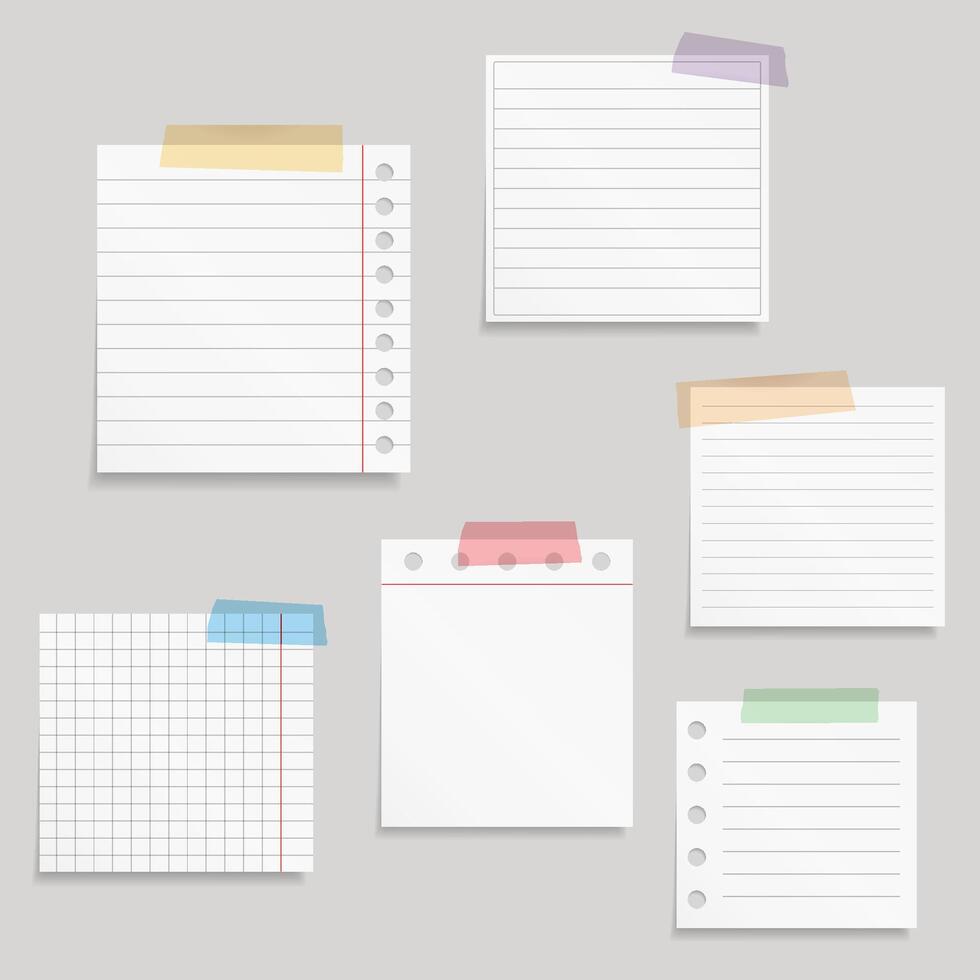 Paper and tape, blank white paper notes with colored tape vector