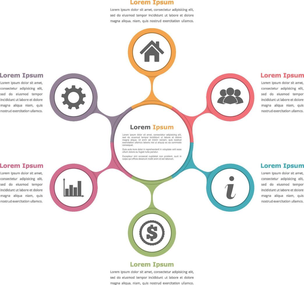 circulo diagrama con seis elementos con íconos y texto vector