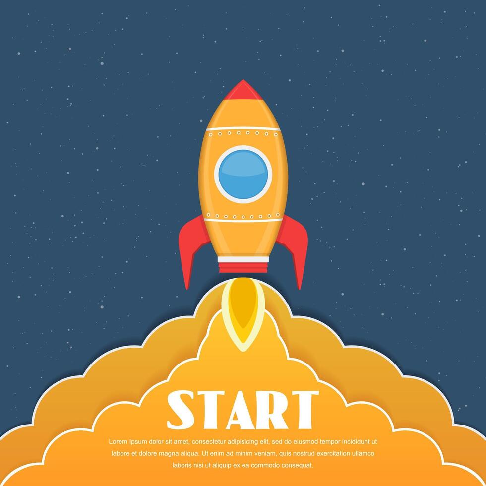 Yellow rocket in space, rocket launch, start-up concept vector
