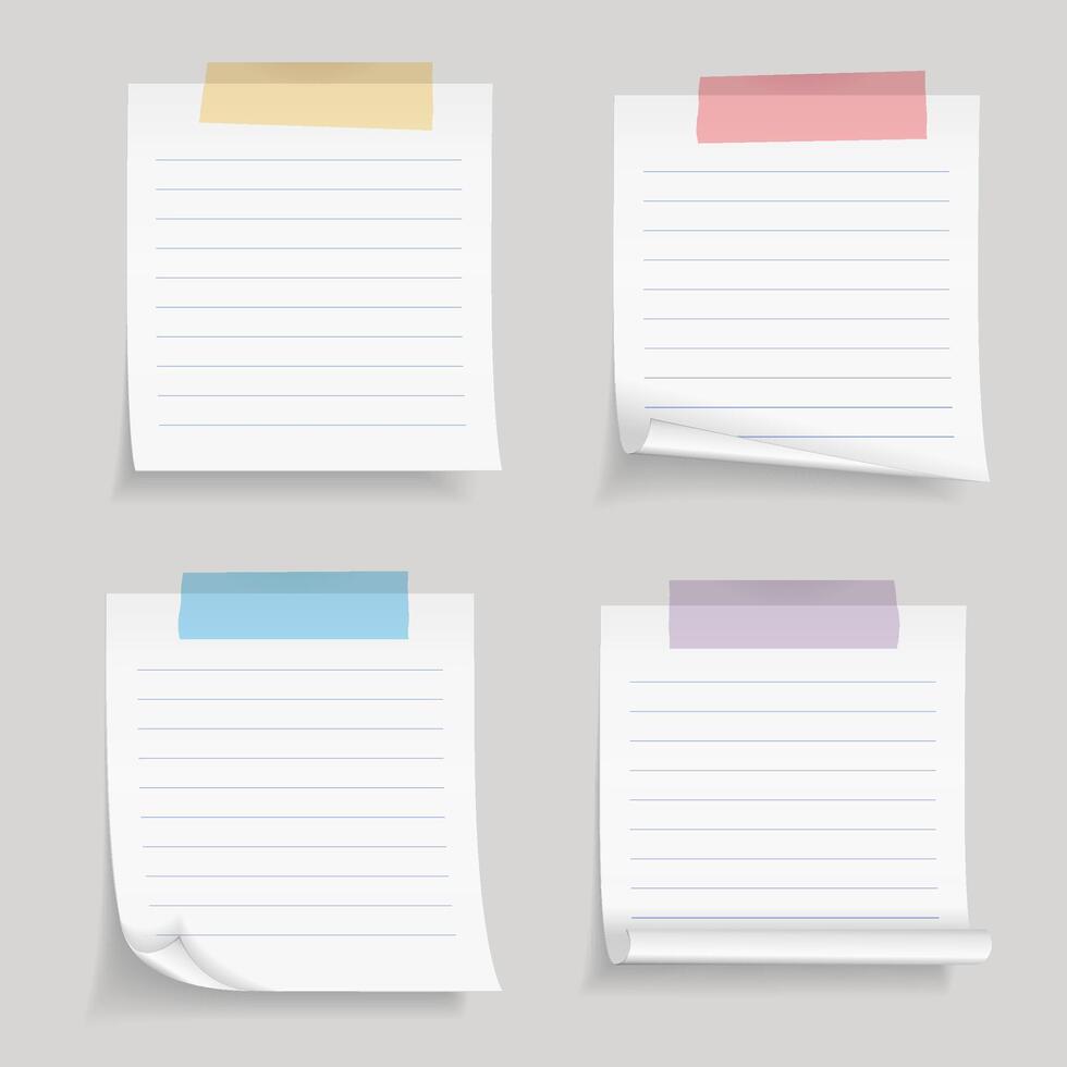 Paper with tape, blank lined paper notes with colored adhesive tape vector
