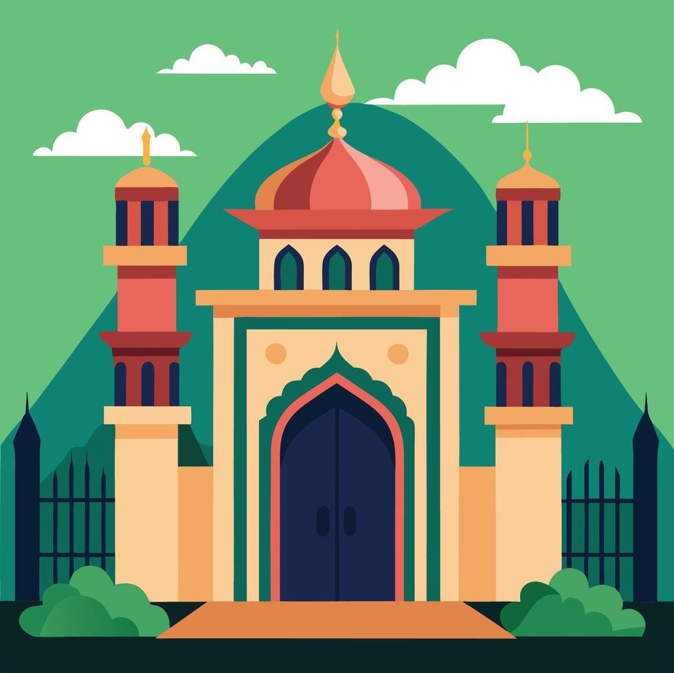 An illustration of a mosque with a gate vector