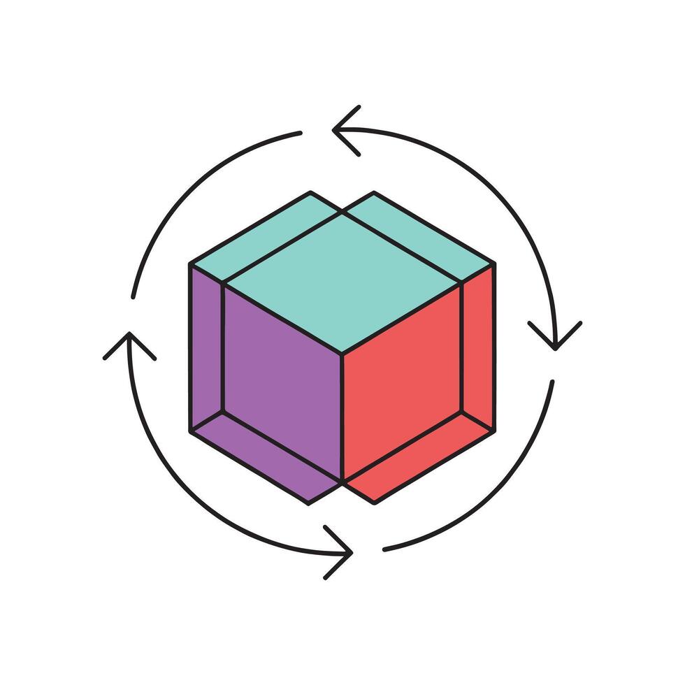 Depicting a cube surrounded by arrows indicating direction and movement towards it isolated doodle line art flat illustration on white background vector