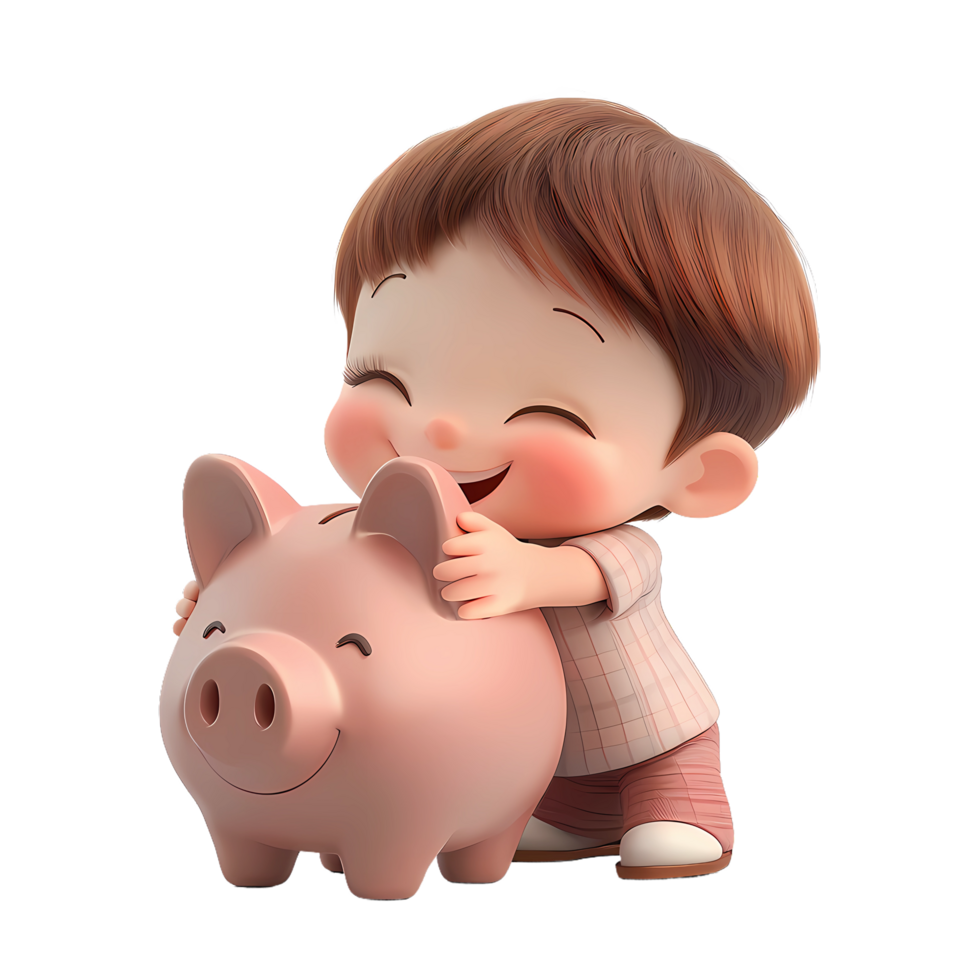 a cute boy hugging piggy bank png