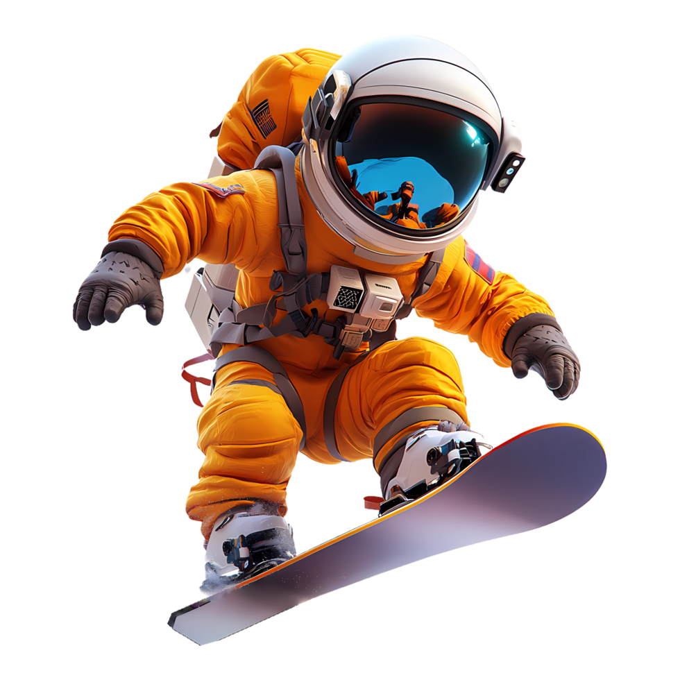 An astronaut in an orange suit riding a snowboard png