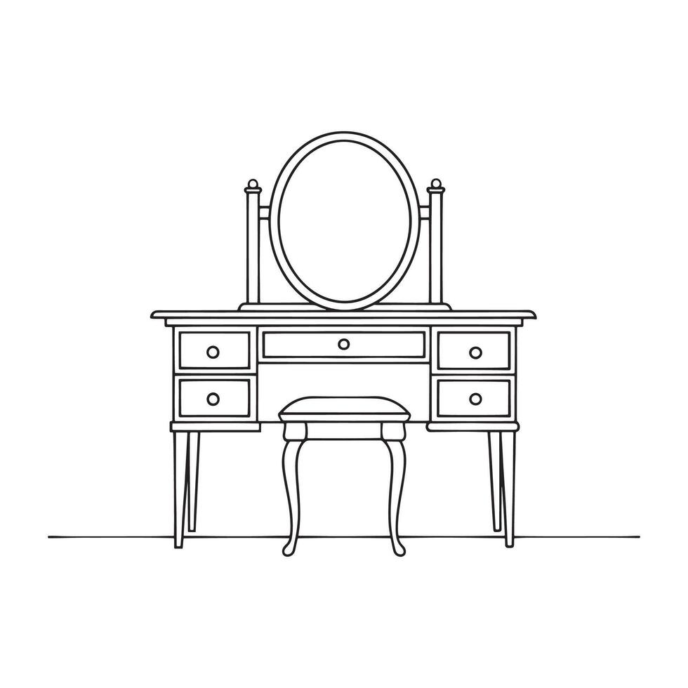 Vanity Table Bedroom Furniture isolated continuous line art flat illustration on white background. vector