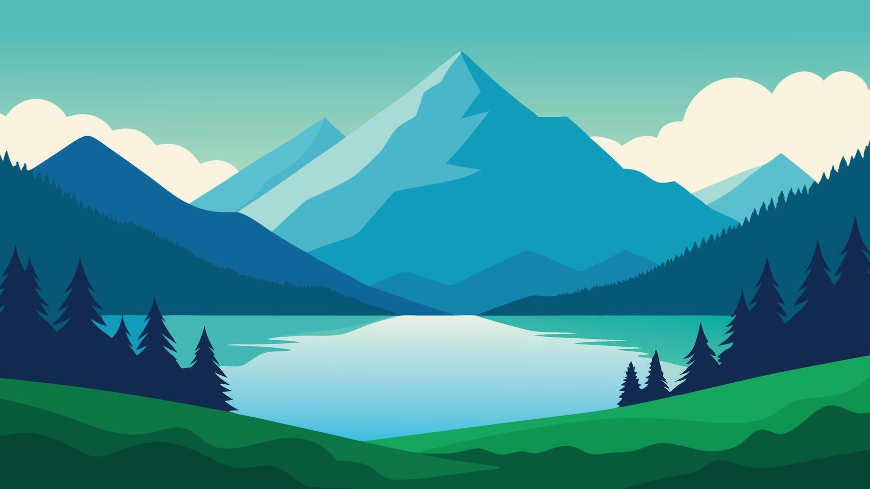 mountain lake surrounded by lush green grass and majestic mountains in the background flat illustration Nature background vector