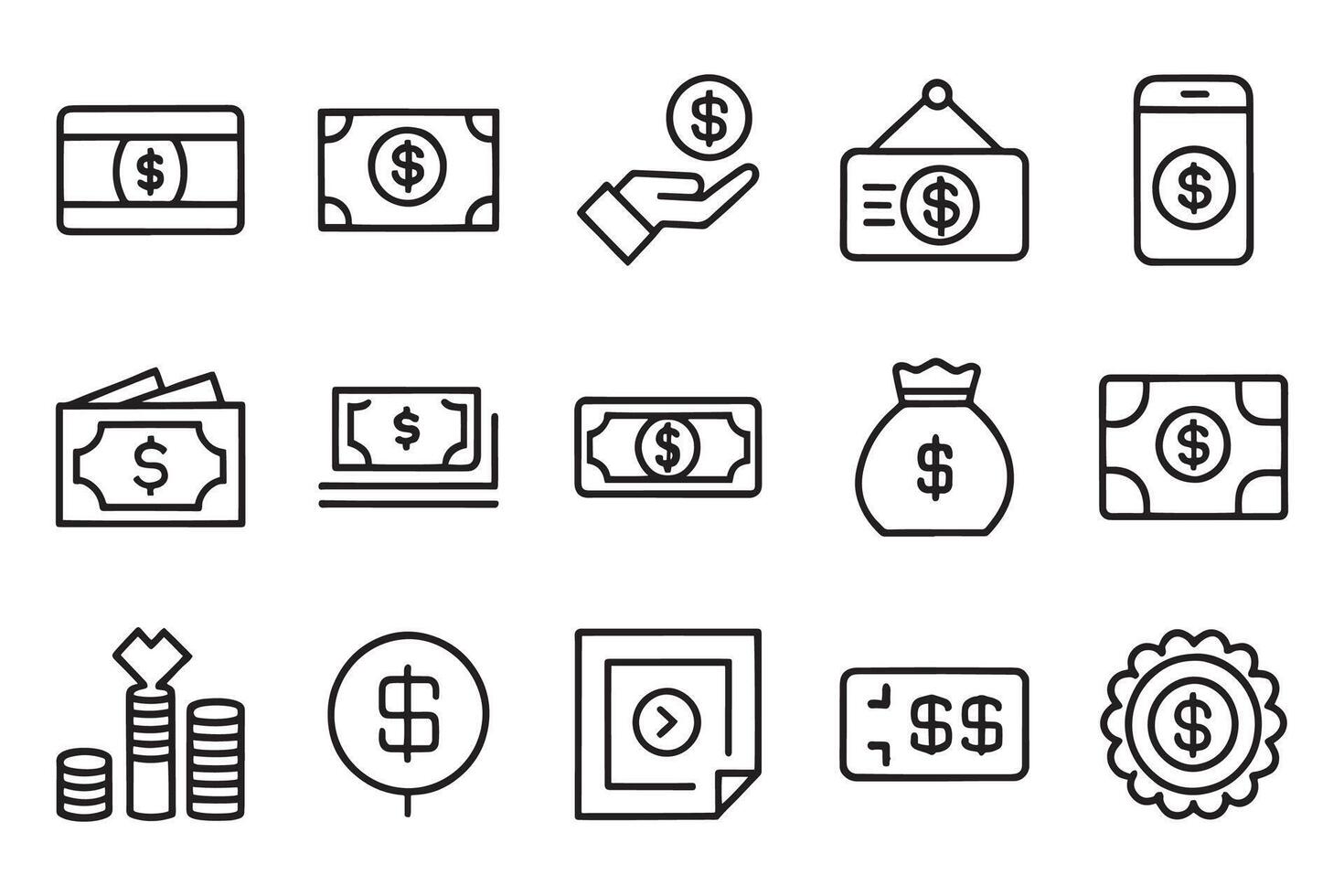Money and Coins. Cash, Credit Cards,related editable icon set isolated flat illustration white background. vector