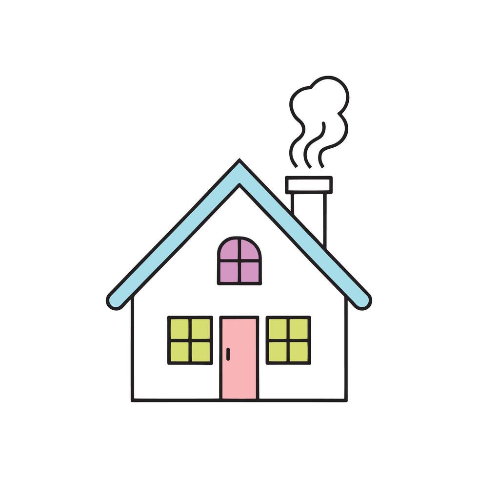 A cozy house with a chimney, emitting a gentle plume of smoke against a clear sky isolated doodle line art flat illustration on white background vector