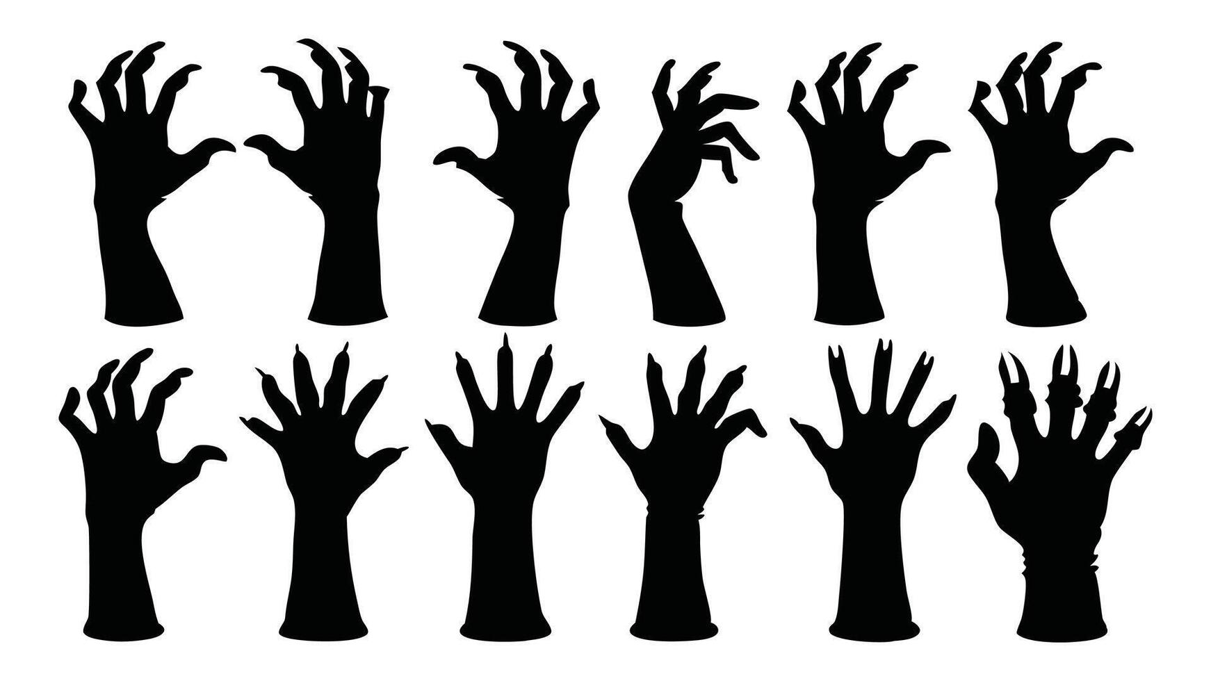 Halloween zombie hands silhouettes set isolated flat illustration on white background. vector