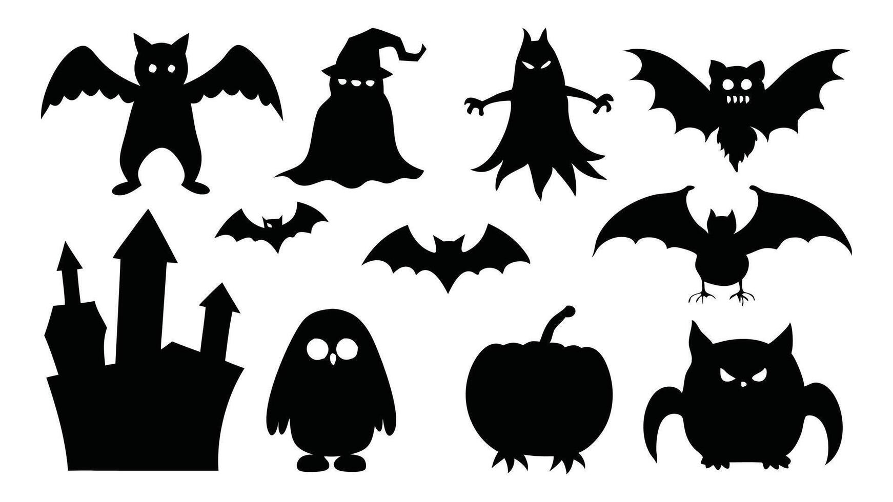 Collection of Halloween silhouettes set isolated flat illustration on white background vector