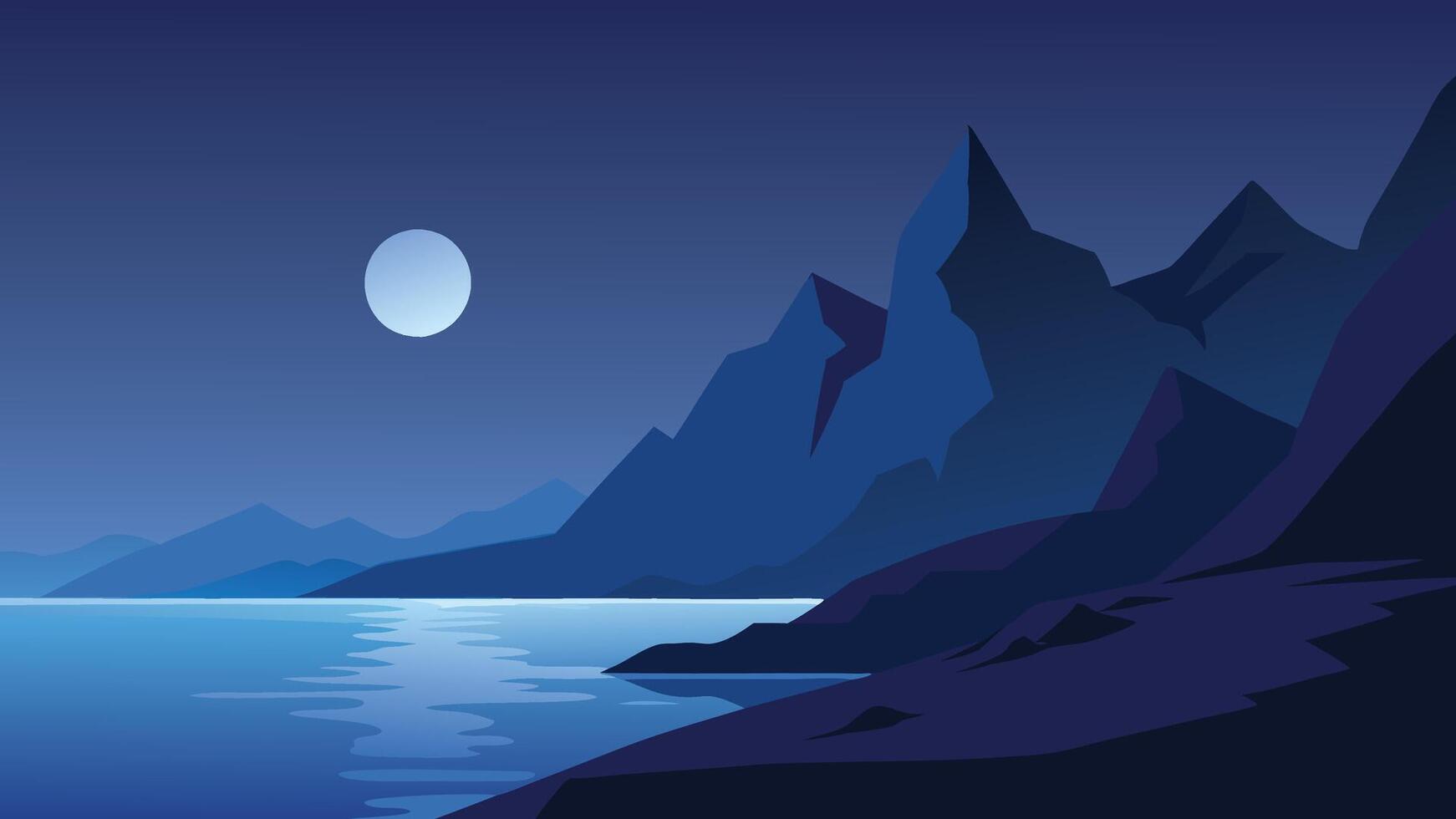 rocky shoreline illuminated by moonlight, with majestic mountains rising in the background under a starry night skyflat illustration Nature background. vector