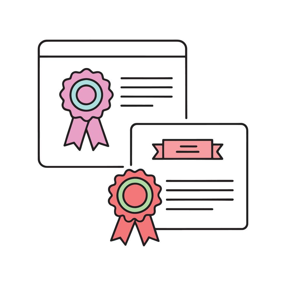Featuring a certificate, a badge, and another certificate, symbolizing achievement and recognition isolated doodle line art flat illustration on white background vector