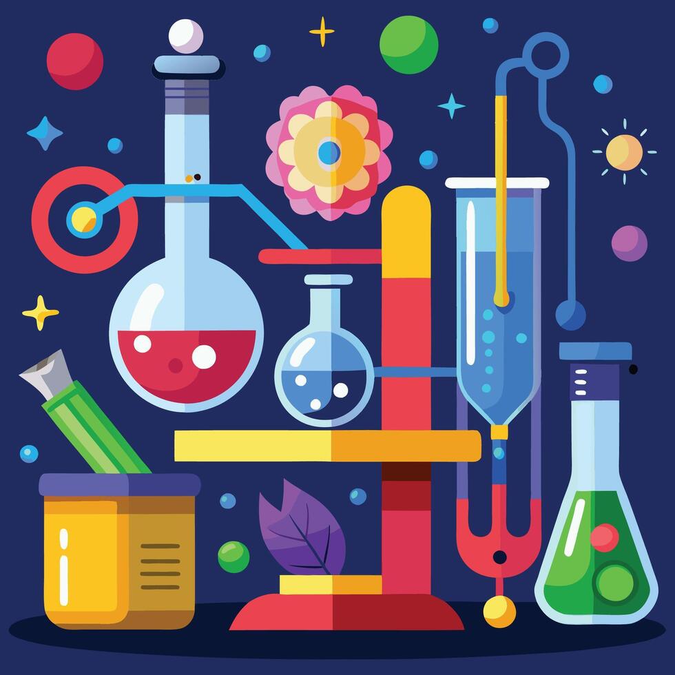 a drawing of a laboratory with a bottle of chemical test tubes vector