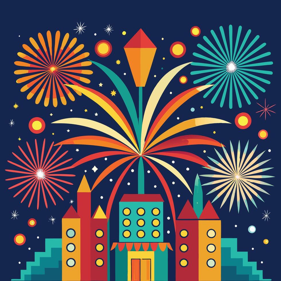 a poster with fireworks and a building with a building in the background vector