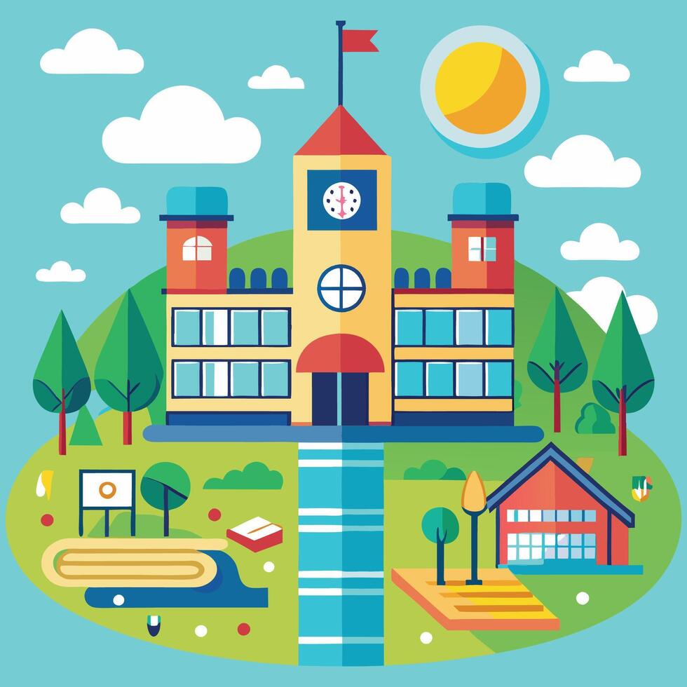 a picture of a school with a clock on the top of it vector