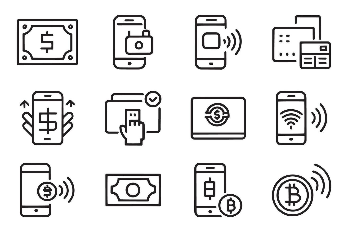 Cashless payment. Credit card, debit card, mobile app, such as NFC. money, bitcoin related editable icon set isolated flat illustration white background vector