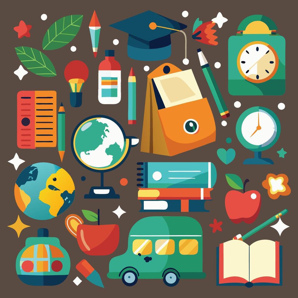 a collection of images including a clock a book and a book with a picture of a school bus vector