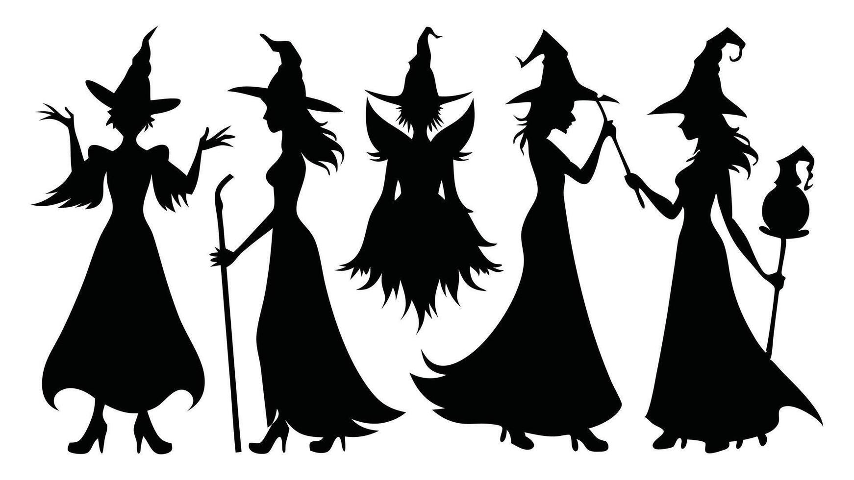 Helloween witchsilhouettes set isolated flat illustration on white background. vector
