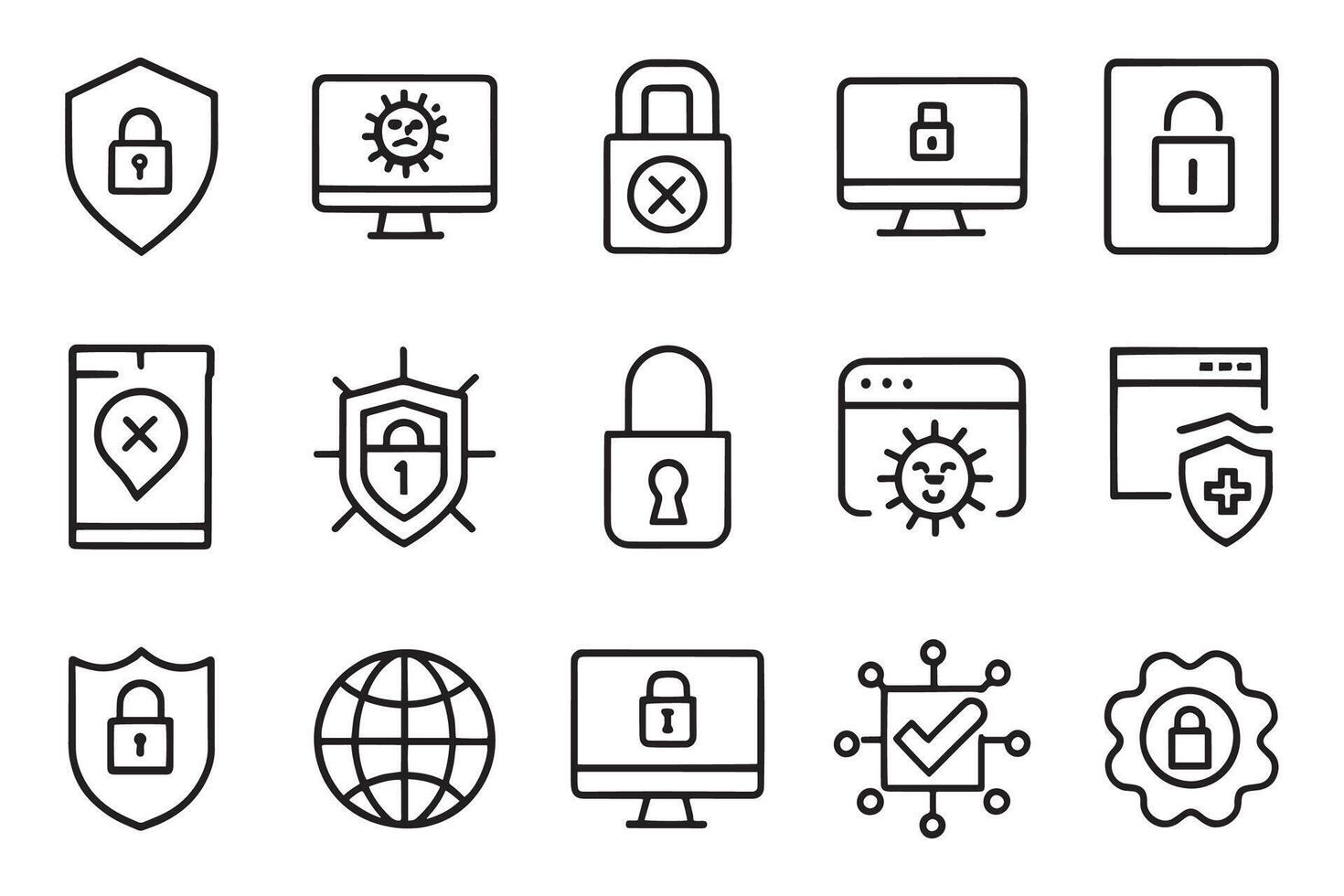 Cyber attack, hacker, unprotected, padlock, privacy, virus scan related editable icon set isolated flat illustration white background vector