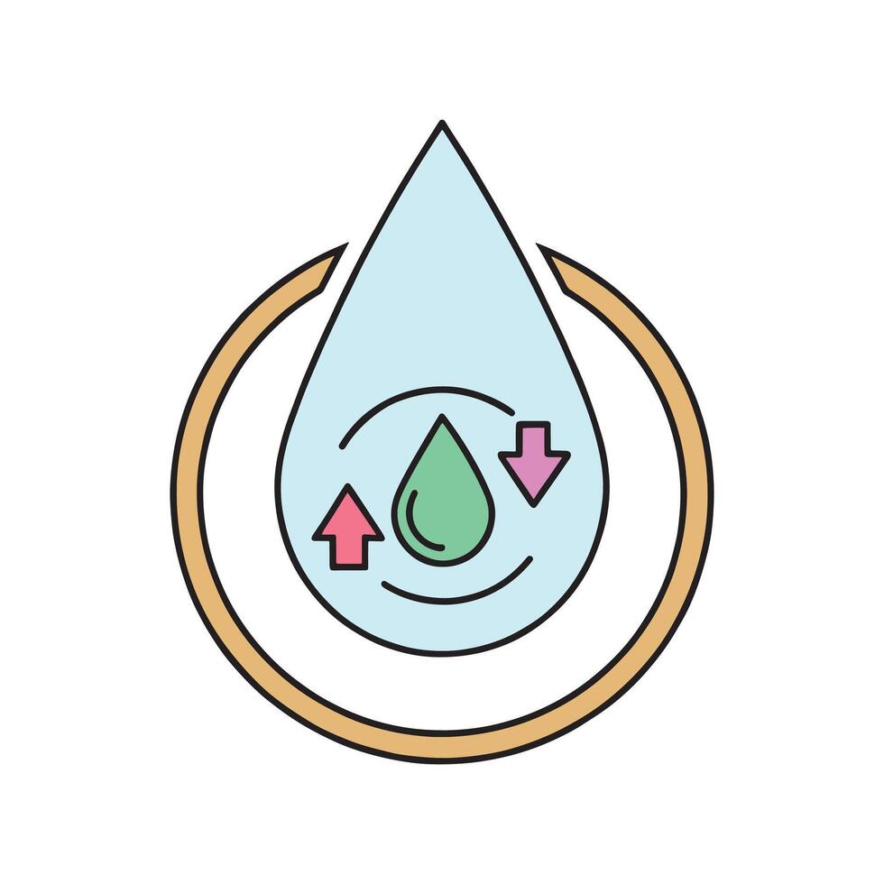 Water drop illustrated with a green arrow and a circle, conveying a message of eco-friendliness and progress isolated doodle line art flat illustration on white background vector