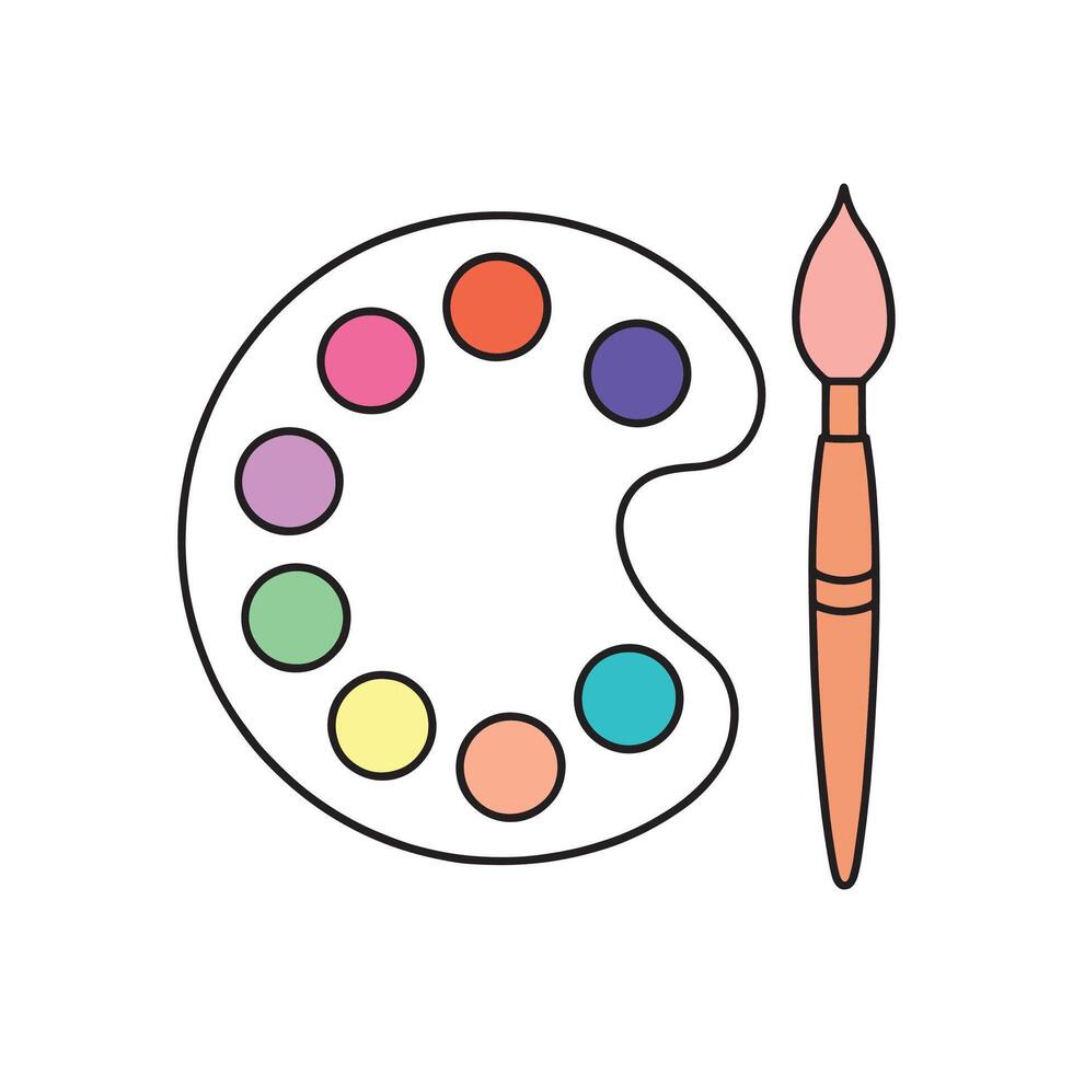 Depicting a paintbrush alongside a color palette, symbolizing art and creativity isolated doodle line art flat illustration on white background. vector