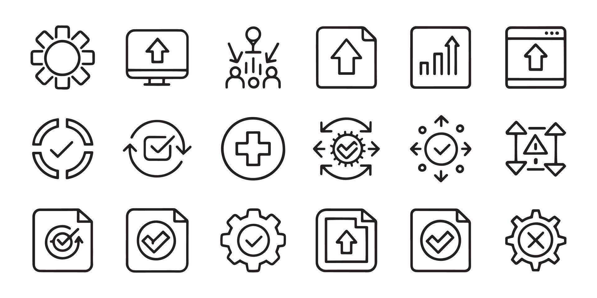 Update, upgrade, progress bar and install concept related editable stroke outline icons set isolated flat illustration on white background vector