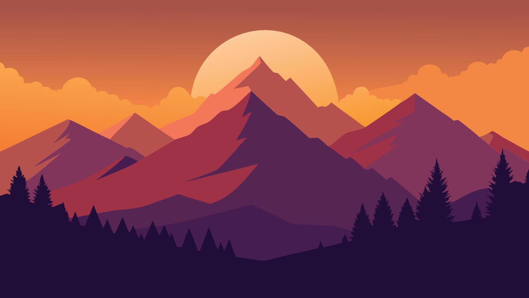 stunning sunset casts vibrant colors over majestic mountains, creating a serene and picturesque landscape flat illustration Nature background vector