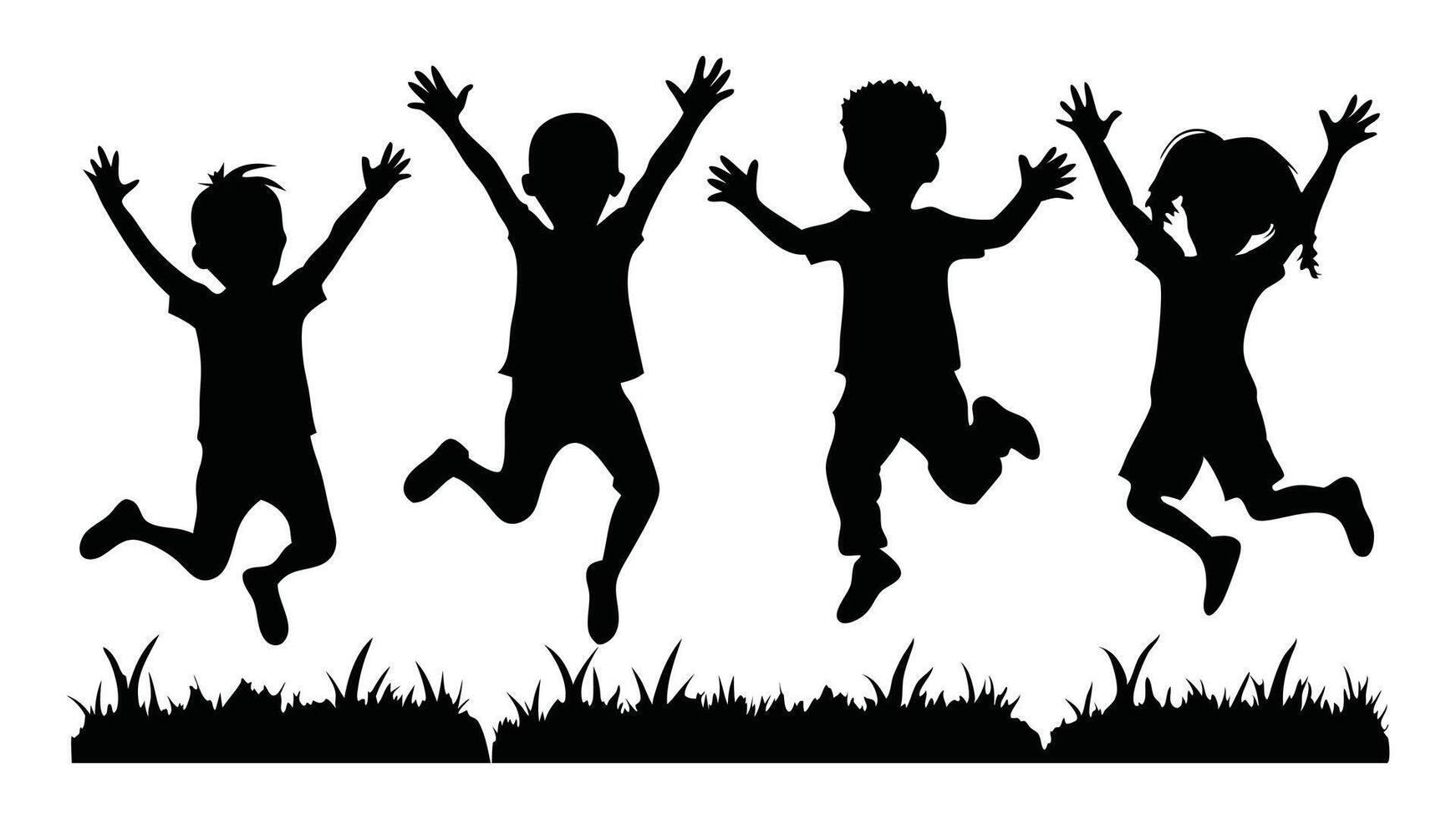Many kid jumping cheerfully on grass silhouettes set isolated flat illustration on white background. vector
